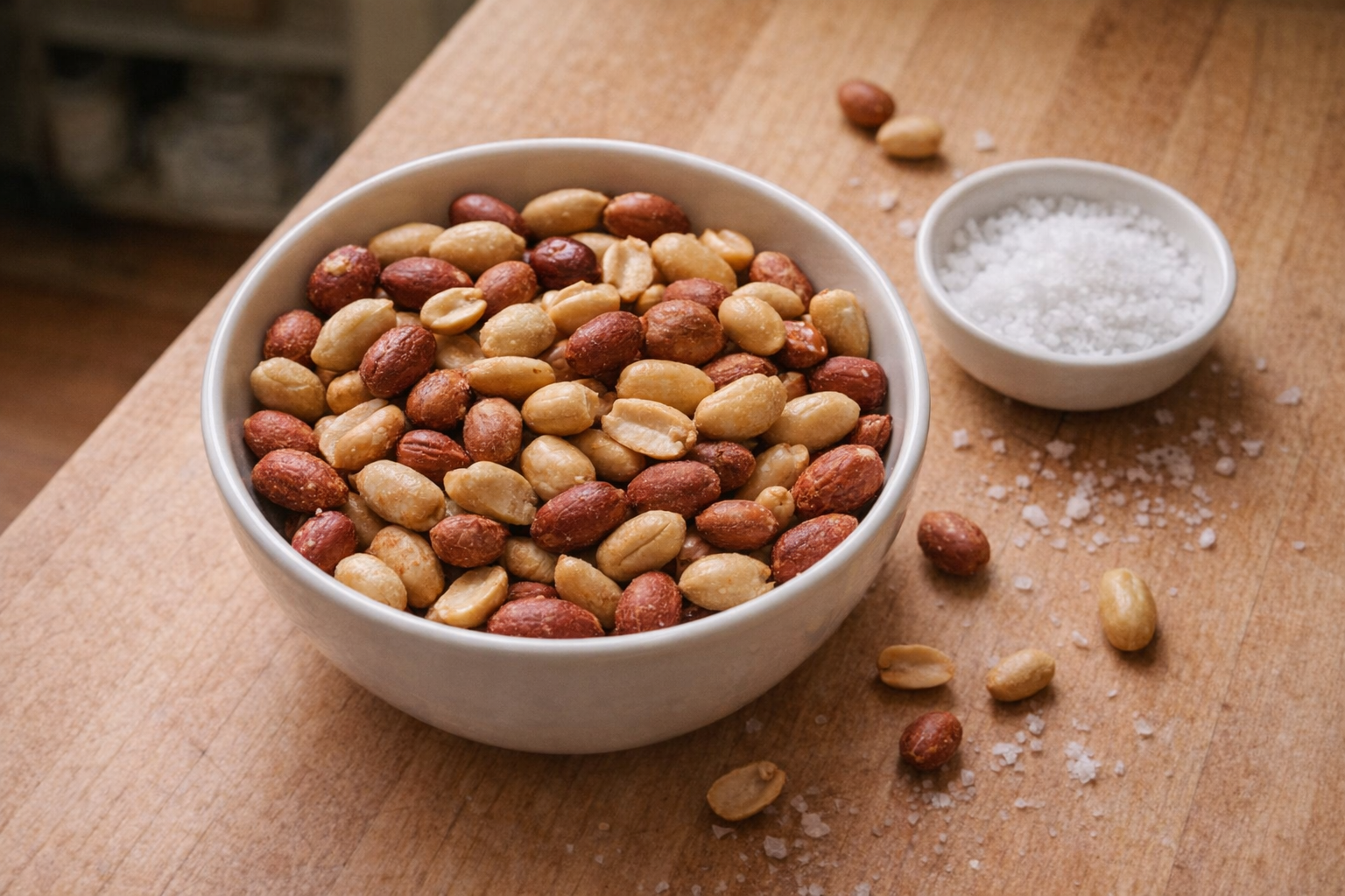 A top-down, brightly lit shot of a bowl of perfectly roasted peanuts, some with skins on, some without, scattered on a wooden surface with a small dish of sea salt
